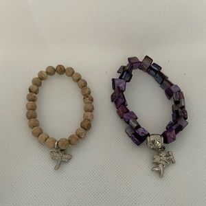 Beige color glass beads w/dragonfly charm, Chunky purple chips w/Angel charm - 2